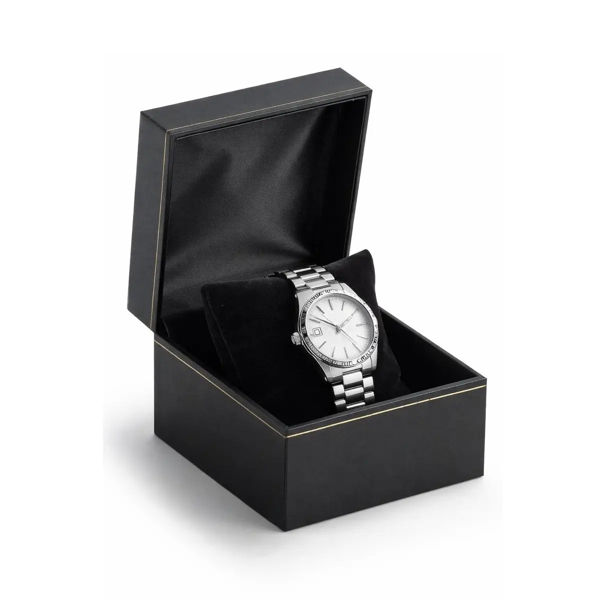 Novel Box Black Jewelry Bangle/Watch Box with Pillow-Style 4.5x4.5x2.87 Inches - Watch/Bangles Boxes with Gold Trim - Faux Leatherette Cases for Bangle/Watch Storage