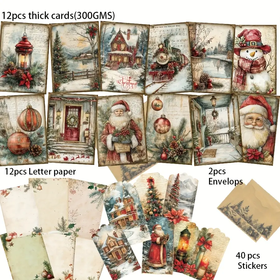 74pcs Postcard set (12 Cards+12 Letter Paper+2 envelopes+40 Sealing Stikers) Christmas Themed with Santa and Snowman Patterns Envelope Postcards Suitble for Xmas Holidy Decor Flags, DIY Craft, Album Decor, Stationery, Holiday Cards