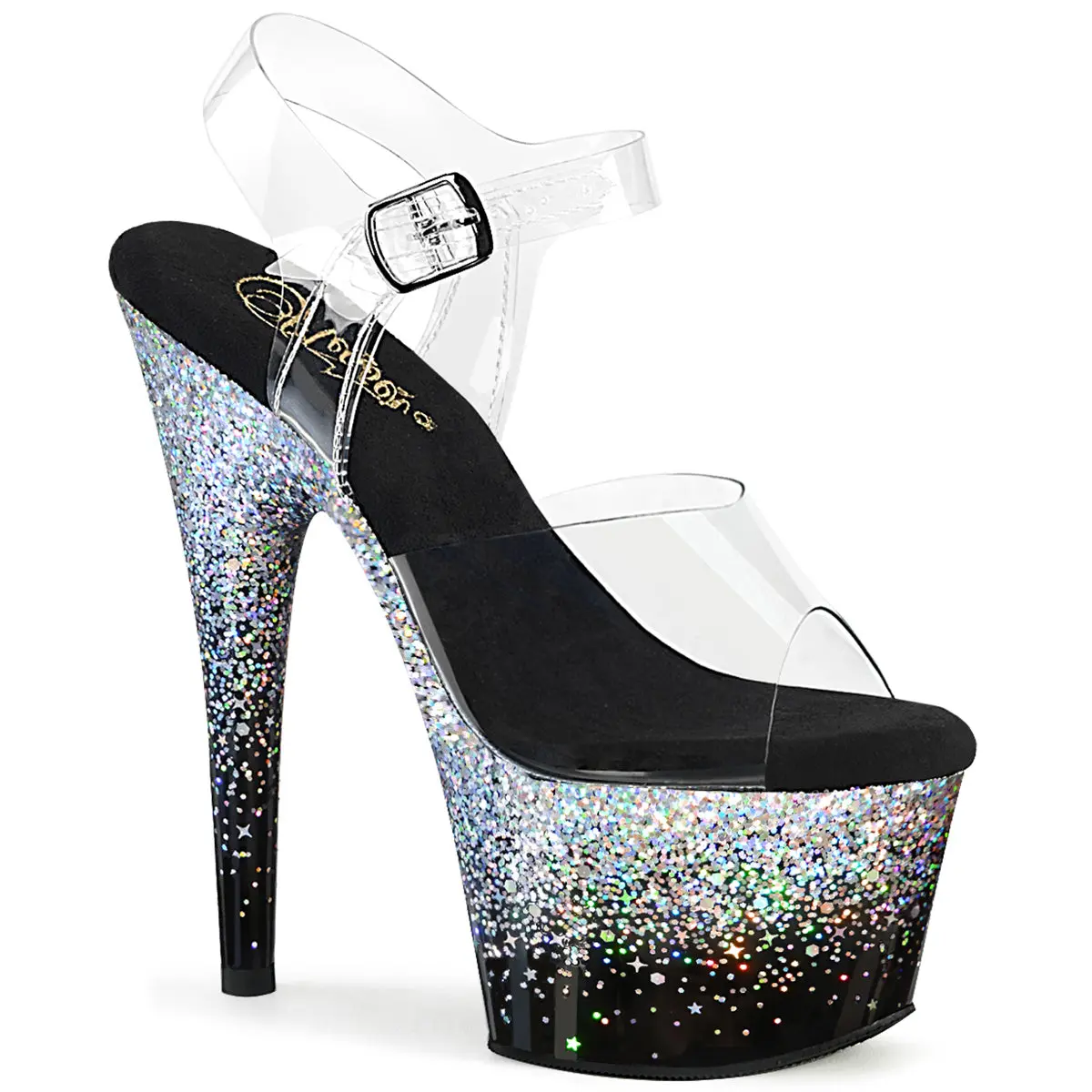 Pleaser Adore-708SS Women's Elegant High Heeled Sandals, 7-Inch Stiletto with Transparent Ankle Strap & 2 3/4-Inch Holographic Platform