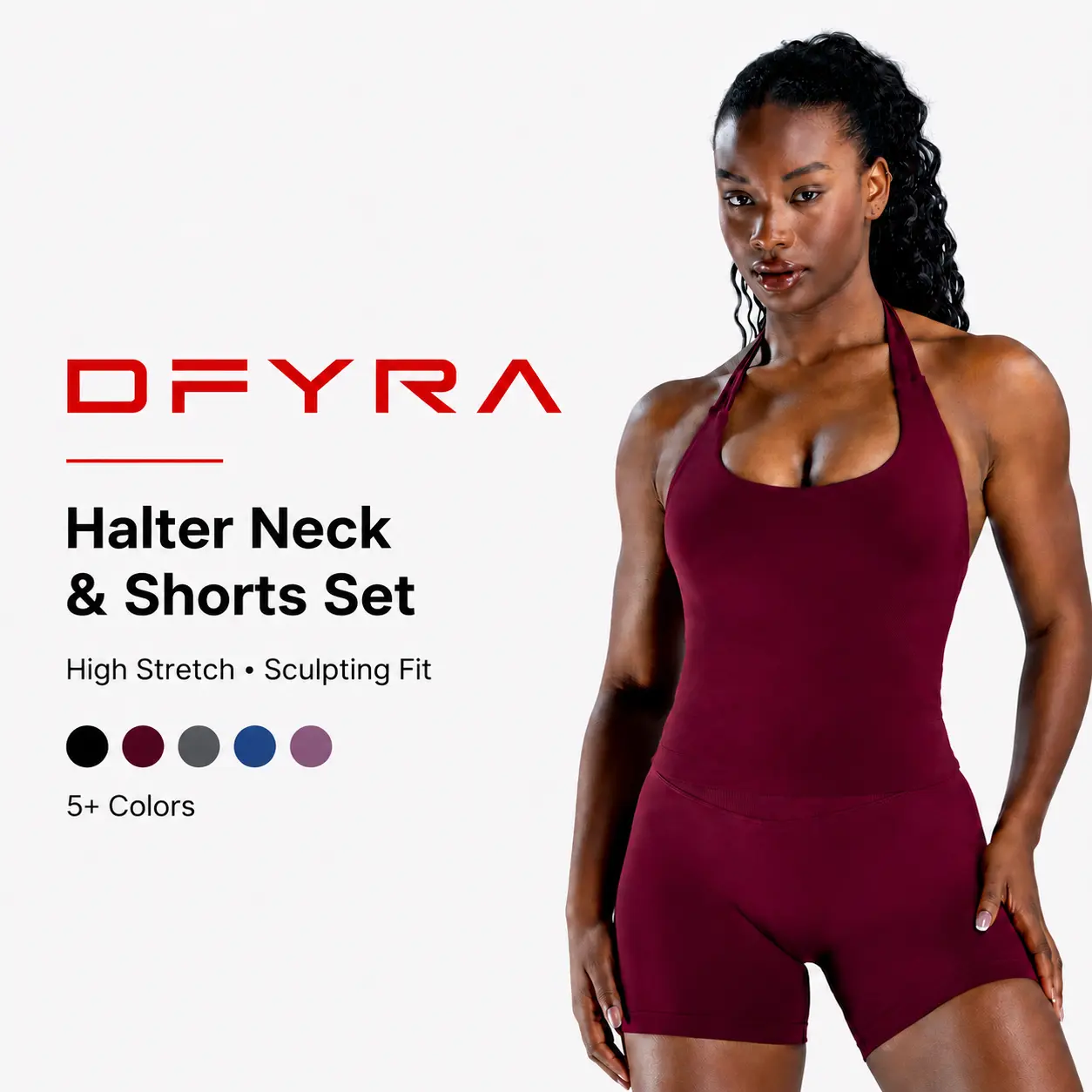 (With Logo) DF Impact Women's 2-Piece Dry Fit Fitness Clothes Set  - Elastic Breathable Fitted Sportswear, Halter Longline Padded Top with Built-In Bra, High Stretch Shorts for Gym Training, Two Piece Set, Workout Sets For Women