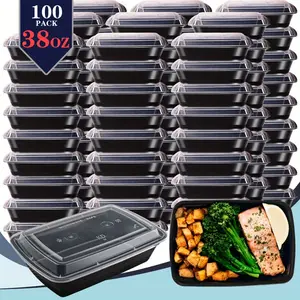 100pcs/ 200pcs Black Rectangular Meal Prep Containers 38oz Stackable And Leakproof Food Storage Container Set Disposale Bento Box Ideal for Takeout And Picnic Microwave & Dishwasher & Freezer