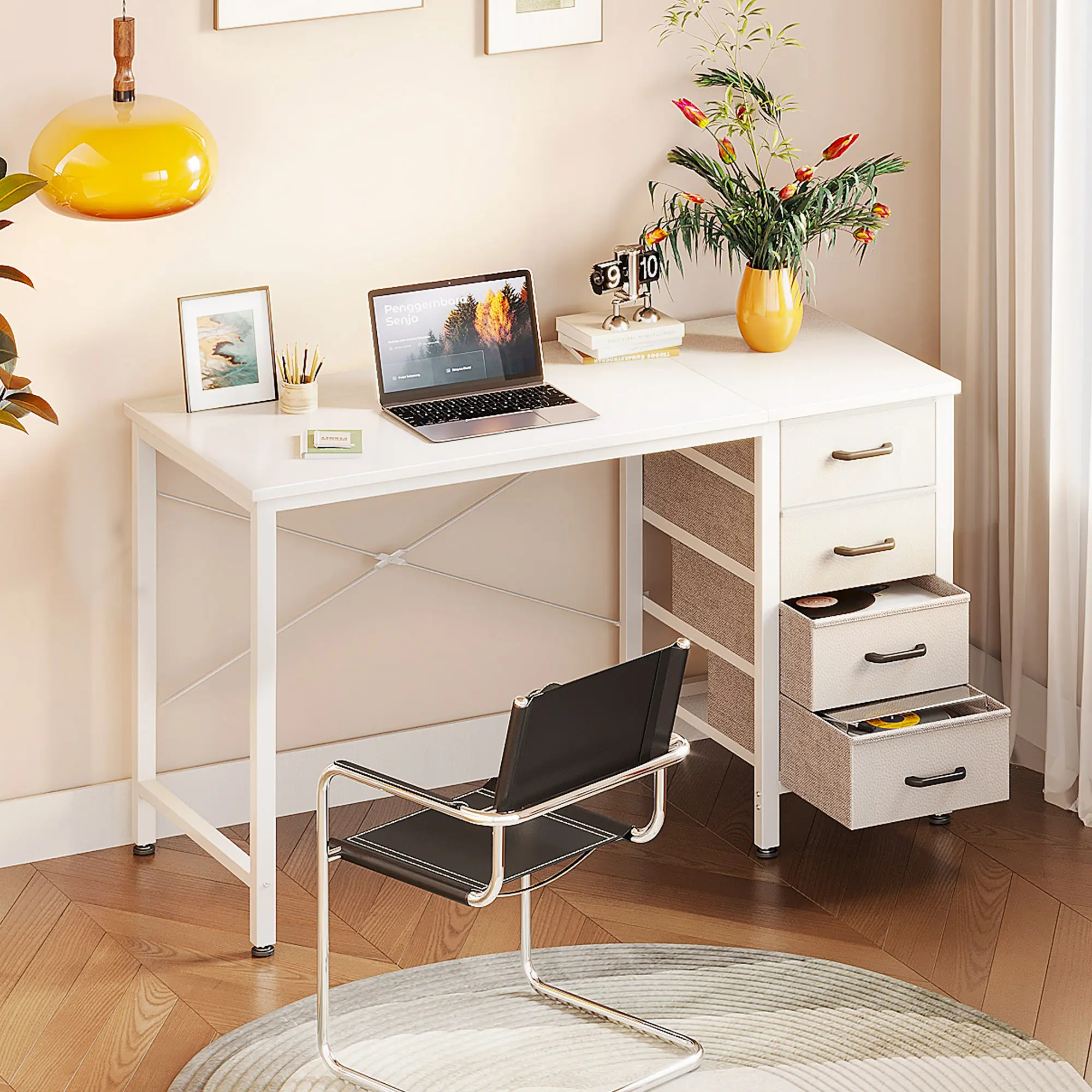 AODK 40-Inch Modern Desk with Drawers - Office Furniture, Compact Setup, Left/Right Storage, Study Space, Laptop PC Workstation for Students & Small Spaces