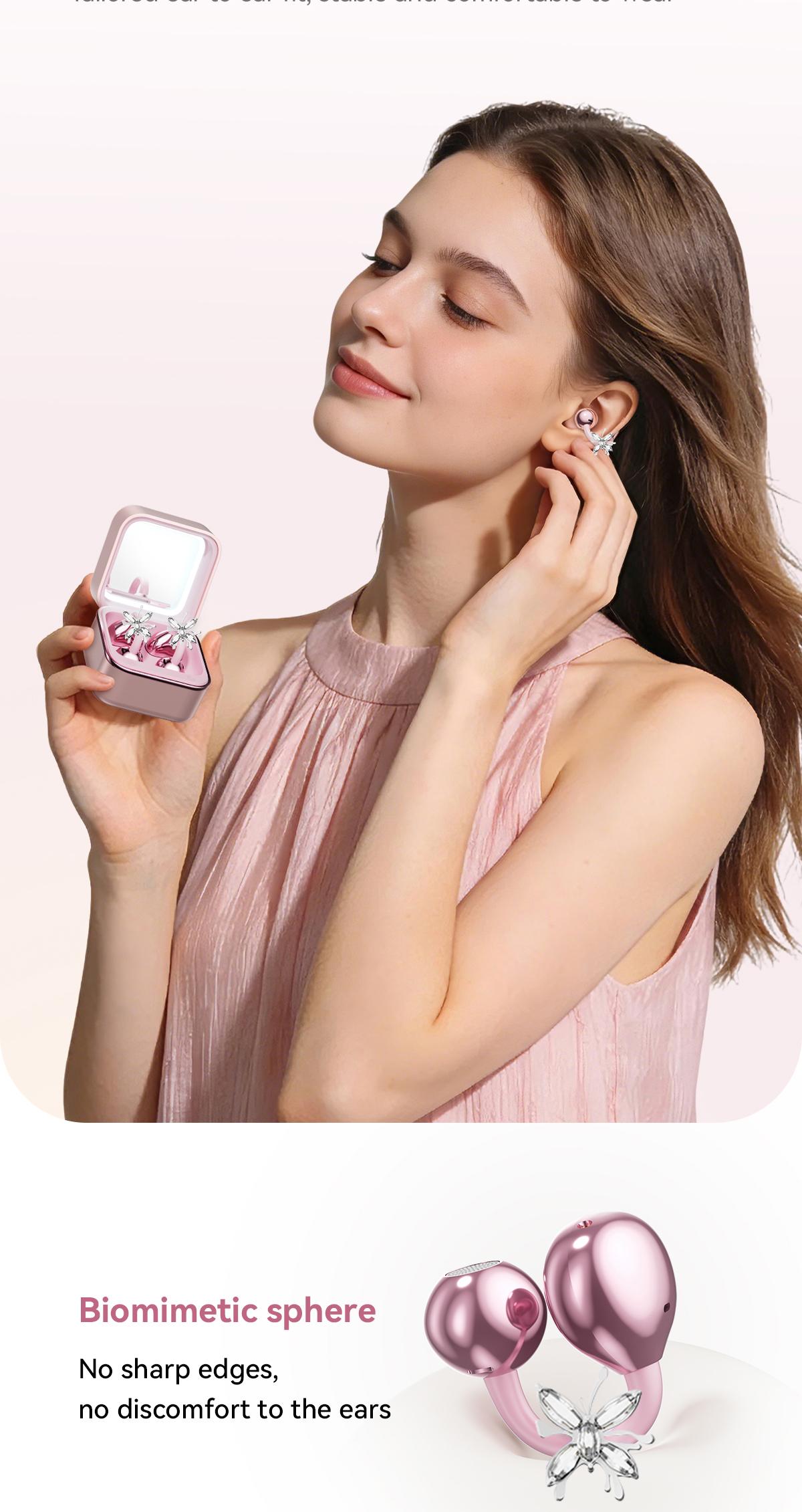 CHENRUIDA Mini Square Wireless Bluetooth Earphones  Features a built-in makeup mirror and fill light, portable makeup tool, 360° panoramic sound effect + active noise cancellation, soft silicone ear tips for comfortable wear, and extra-long battery life.