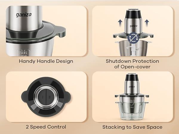 Ganiza Food Processor with 8 Cup Glass Bowls & 8 Cup Stainless Steel 2-Speed Food Chopper Meat Grinder Upgraded Button & Smart Overheat Protection Light - Includes Clean Brush 2 Sets of Blades
