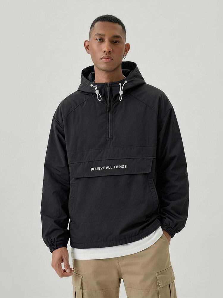 Men’s half-zip hooded jacket, pullover outdoor jacket with a half-button placket, pockets, letter print, suitable for spring and autumn outdoor activities