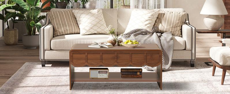 Giratree 39.37" Lift Top Coffee Table with Hidden Compartment, 2 Tier Wooden Center Table with Wave Panel, Modern Lift Tabletop for Home Living Room Office, Walnut