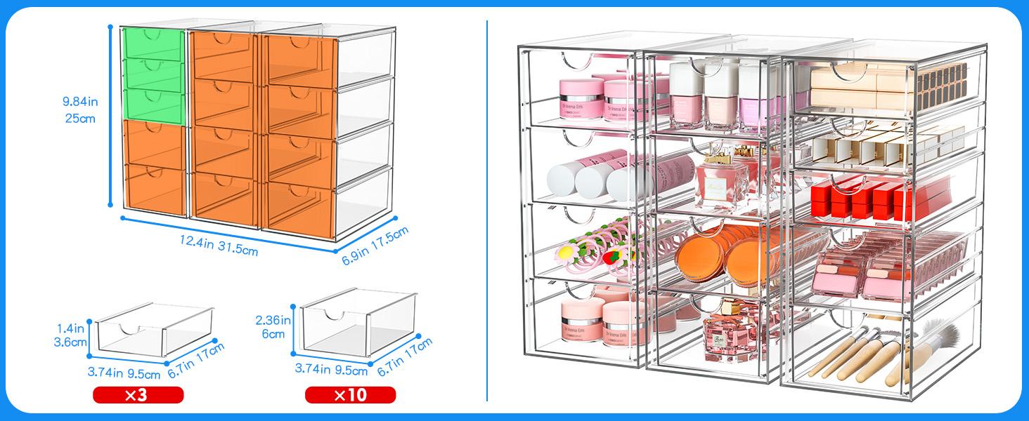 13 Drawers Clear Stackable Acrylic Storage Drawers, Versatile Organizer for Bathroom, Vanity, Kitchen Cabinets, Pantry & Home Organization Boxes Laundry