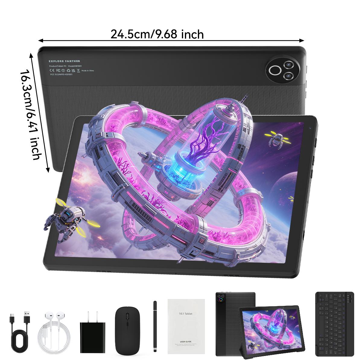 10.1-inch 2-in-1 Android Tablet – Features 64GB internal storage with TF card expansion support, 1280×800 HD display. Bundle includes keyboard, mouse, protective case, stylus, and headphones – Ideal for home and everyday use.