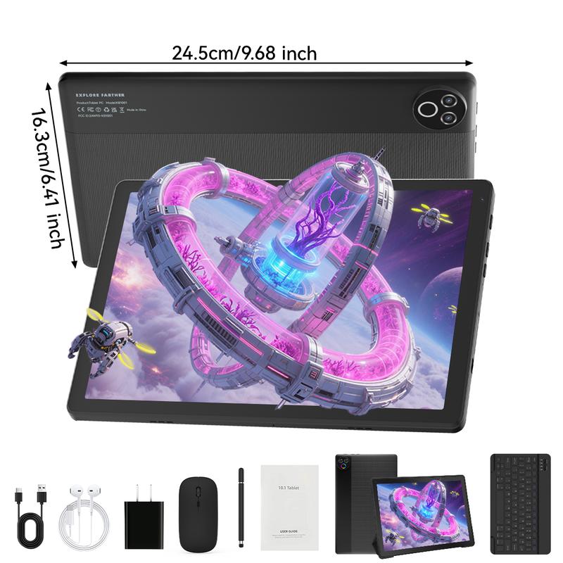 10.1-inch 2-in-1 Android Tablet – Features 64GB internal storage with TF card expansion support, 1280×800 HD display. Bundle includes keyboard, mouse, protective case, stylus, and headphones – Ideal for home and everyday use.