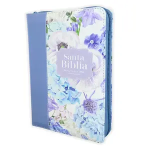 Biblia con Cierre Portatil Letra Grande 12 puntos RV1960 imit piel blanco y azul floral con indice y canto floral