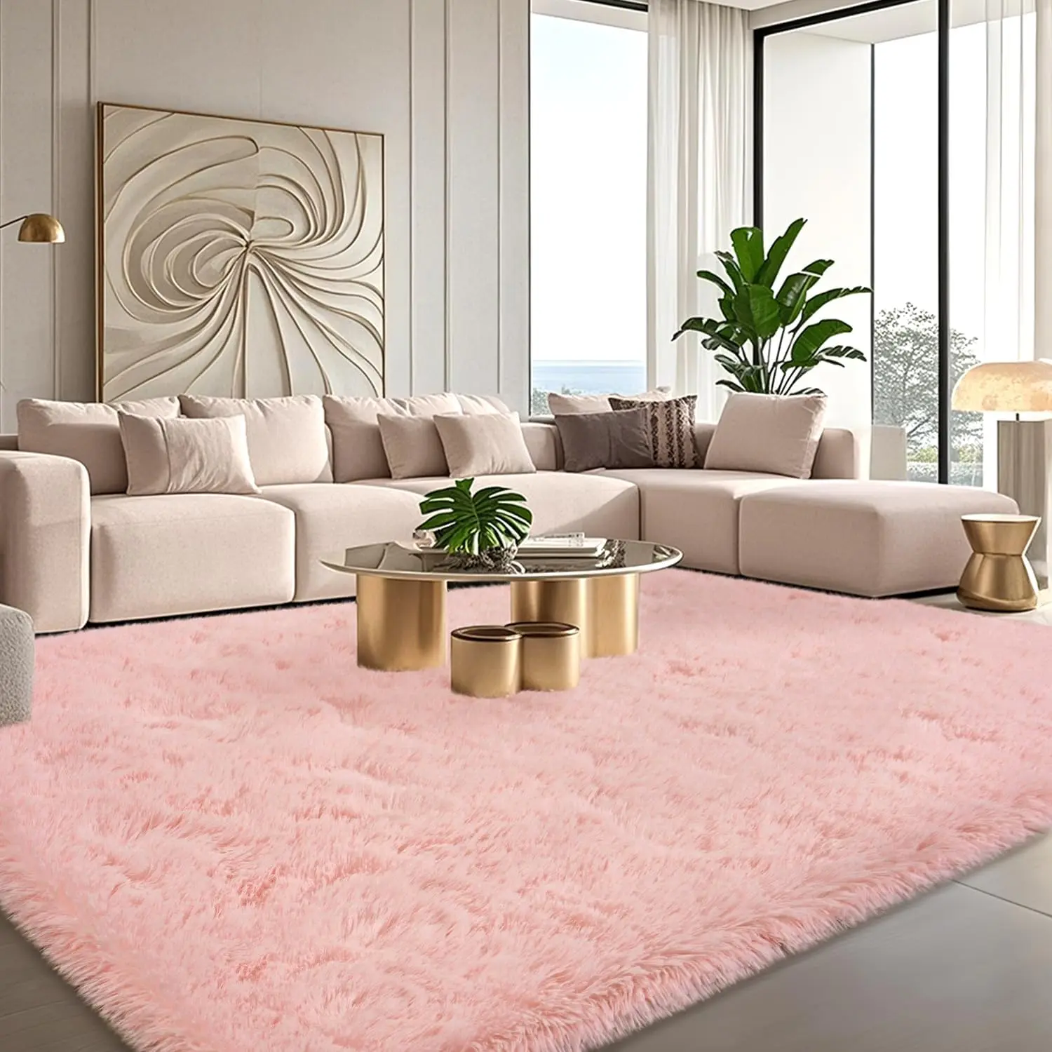 Pink Fluffy Rugs for Living Room, 8x10 Large Soft Faux Fur Area Rug - Cozy Fuzzy Plush Non-Slip Indoor Carpet for Girls Bedroom, Kids Room Home Dorm Nursery #Summervibes