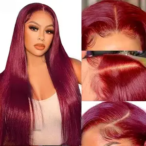 99J Burgundy Straight 13x6 Lace Front Wig 100% Human Hair Wig 2-Year Life Wine Red Colored Straight HD Lace Frontal Straight Burgundy Wigs 180% Density Pre Plucked With Baby Hair Soft Lightweight Breathable Cap True To Length