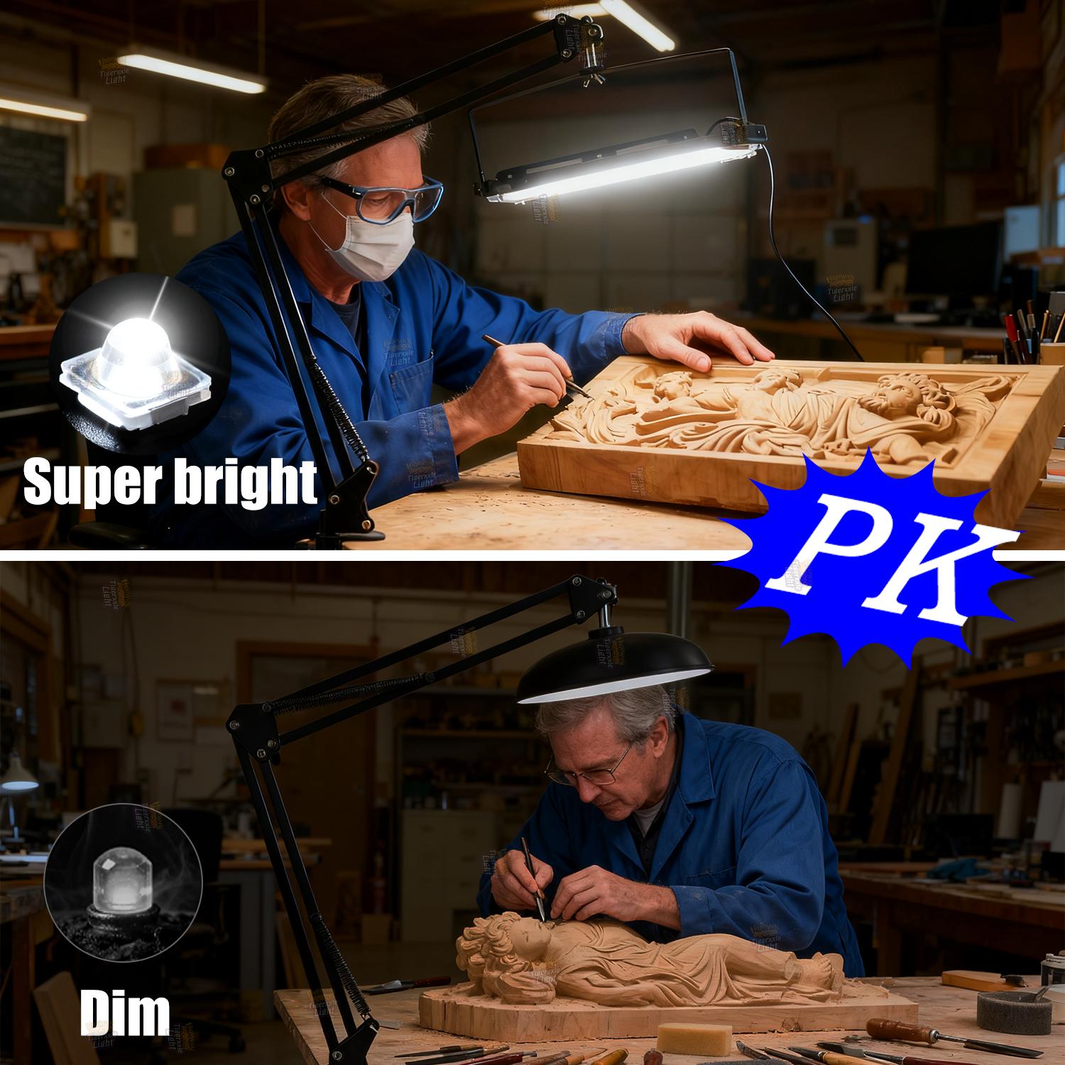 LED work light 6000K with desktop stand, adjustable height/angle, with 96/144 high-bright white light beads and USB plug and switch and 150cm power cord, suitable for workshop, warehouse, office desk lighting.