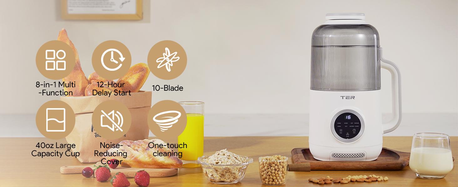 40oz Nut Milk Maker Machine - Multi-Functional Automatic Almond with 10 Blades, Plant-Based, Oat, Soy, and Dairy Free Beverages 12 Hours Timer/Delay Start/Self-Cleaning/Boil Water/Juice