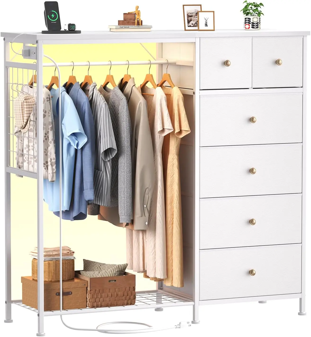 Fabric 6-Drawer Dresser with Hanging Rack, LED Lights & Charging Station, Multifunctional Closet Storage Tower, Oak Greige Organizer for Bedroom, Living Room, Entryway & Apartment