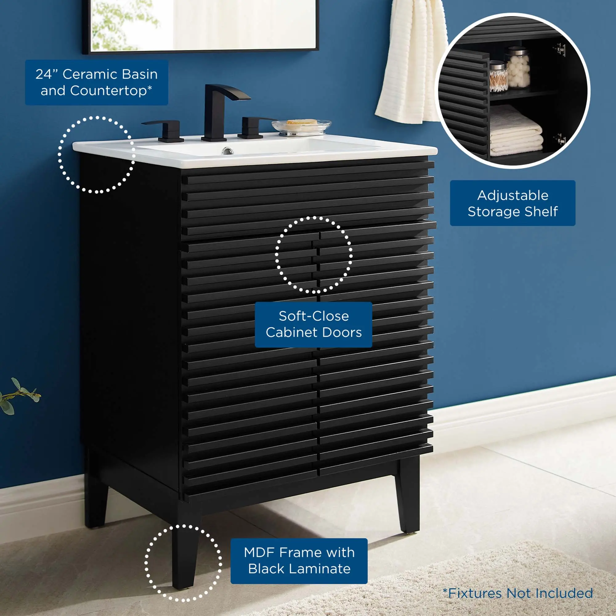 Modway Render Modern Bathroom Vanity, Black-White Modern Bathroom Fixture Set, Modern Bathroom Fixture Sets