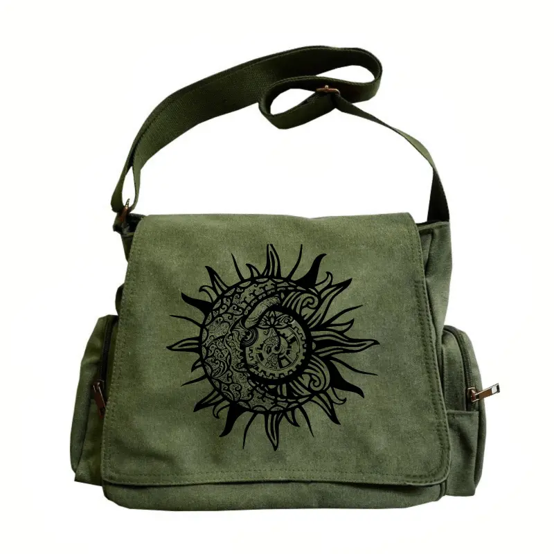 Women's Vintage Clamshell Messenger Bag - Large-Capacity Canvas, Adjustable Strap, Foldable, Artistic Sun Dragon Print, Exclusive Design, Basic Crossbody Bag for Travel, Shopping, Casual, Shoulder Bag