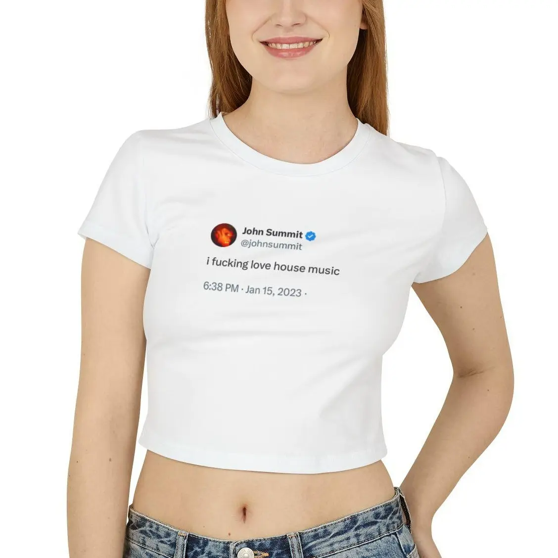 John Summit "I Fucking Love House Music" Tweet | John Summit Women's Baby Tee | EDM Festival Baby Tee | Rave Baby Tee | House Music Festival Top | Y2K Trendy DJ Club Shirt | Music Festival Party Outfit | EDM Rave Clothing | Dance Music Festival Baby Tee