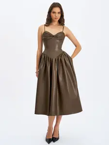 Parisia Cocoa Vegan Leather Drop Waist Midi Dress