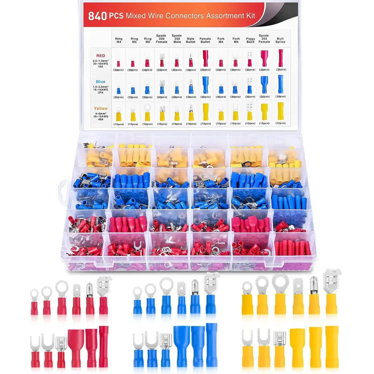 Nilight 840Pcs Copper Cable Connector Kit - 3 Different Sizes, Piggy Back Spade Male Female Solderless Quick Crimp Terminals, Durable Reliable Connectors, Butt Splice Wiring Terminals with AWG Range for All Wiring Projects, Both Indoor/Outdoor Use