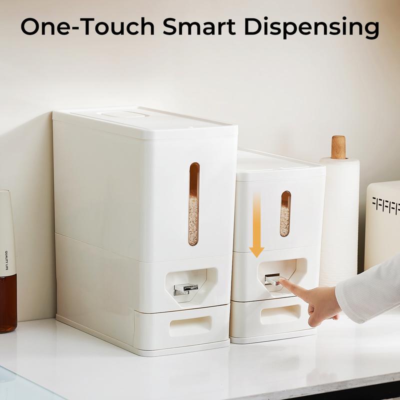 UFORU Rice Storage Container for Kitchens and Pantries: Press-to-dispense design saves space + airtight seal keeps out pests and dust BPA-free construction with transparent viewing window + drawer-style measuring scoop Ideal for busy moms