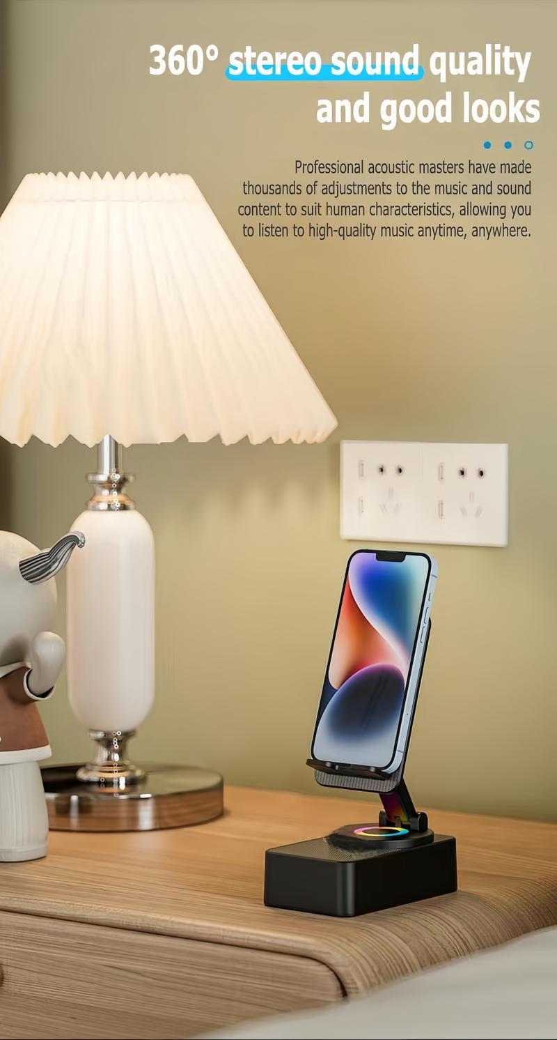 Wireless Audio Bluetooth Speaker 5in1 Phone Holder Emergency Rechargeable withColorful Ambient Light 300° Foldable for Tablet iPhone Android, Gifts for Men Women ，Black