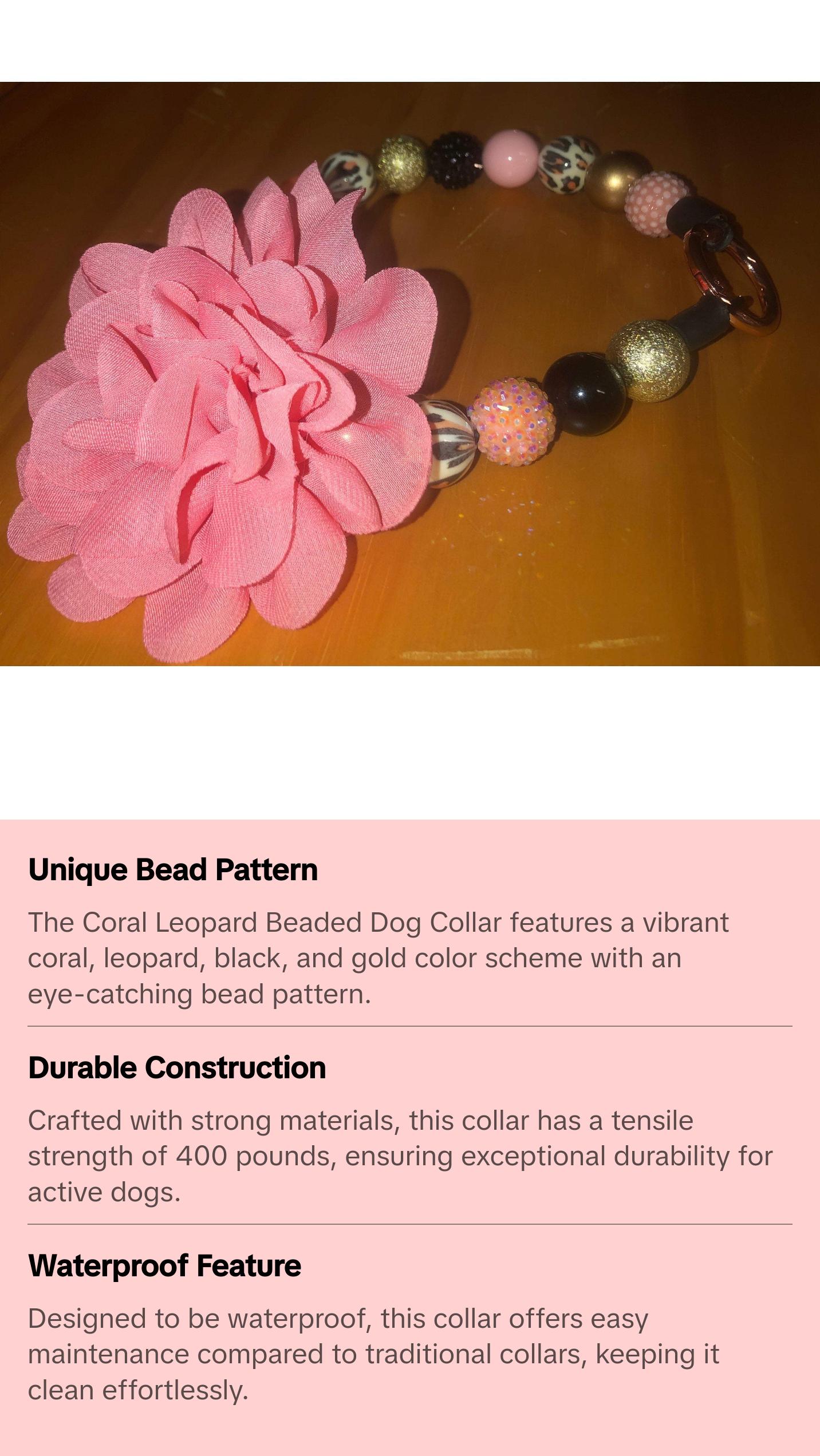 Coral Leopard Beaded Dog Collar | Cheetah Print | Durable Dog Necklace | Custom Coral, Black, Gold & Leopard Print Bead Collar | Pup Pearls