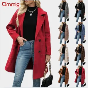 Ommig Women Winter Wool Blend Camel Mid-Long Coat Notch Double-Breasted Lapel Jacket Outwear