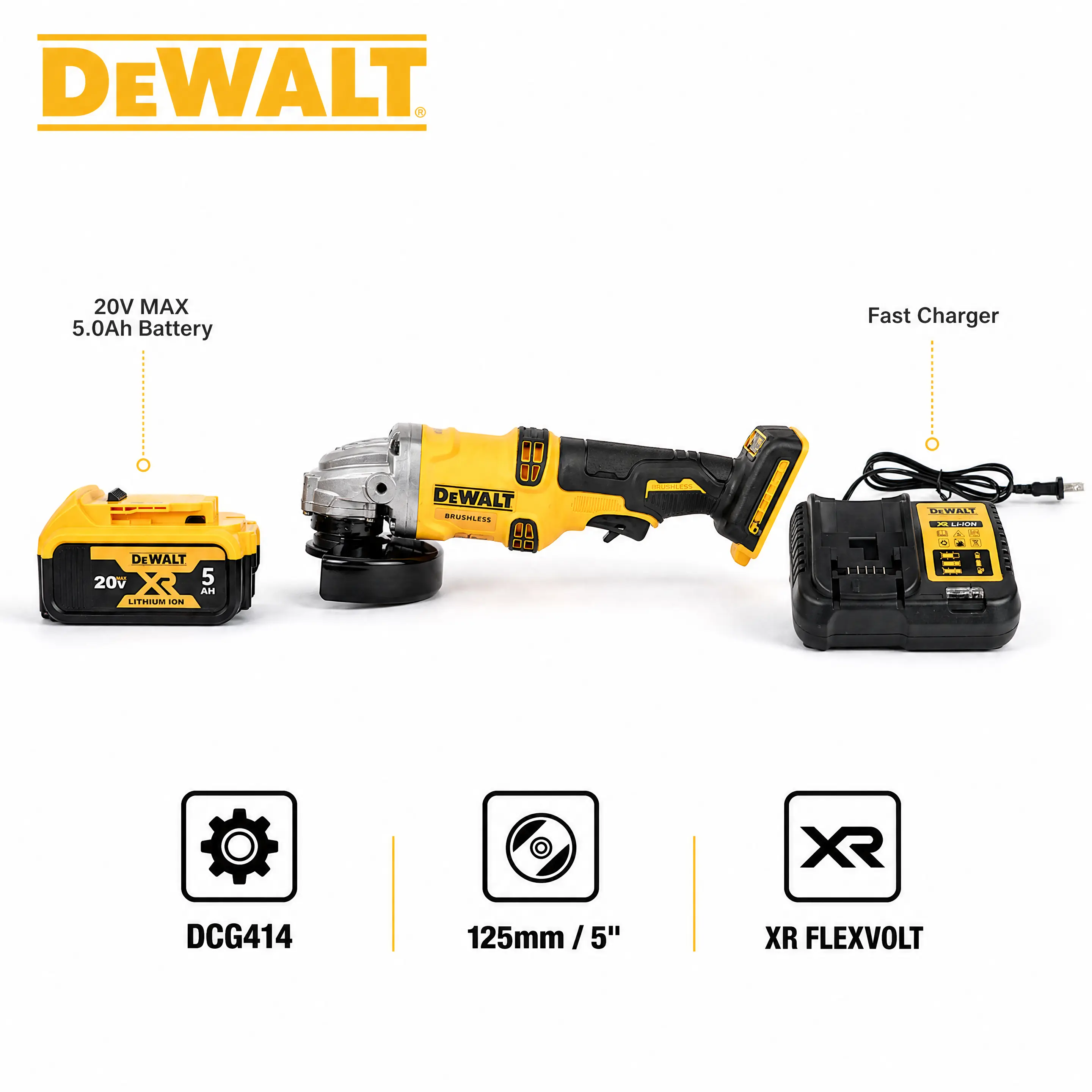 DEWALT DCG414 20V MAX 5-in Cordless Angle Grinder with Battery, Paddle, and E-Brake - Brushless Power Tool with 13A Equivalent Output for Heavy Metal Cutting, Weld Grinding, and Metalwork, Steel Applications
