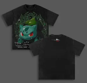 PokemonAnime Double Printed Vintage Washed Tee Unisex Oversize Heavyweight Cotton T-shirt for Anime Fans and Lovers