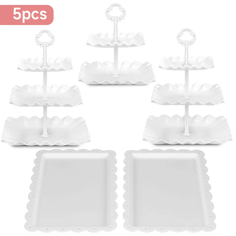 5 Piece Cake Stand Set with 2 x 3-Tier Cupcake Stands, 1 x2-Tier Cupcake Stands, 2 x Appetizer Trays, for Wedding Birthday Baby Shower Tea Party Decorations