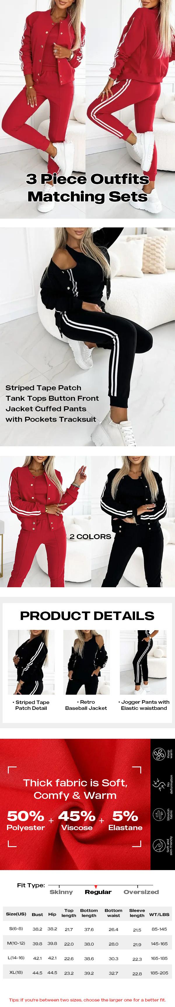 2026 Spring ChicMe Women's 3 Piece Outfits Matching Sets Striped Tape Patch Tank Tops Button Front Jacket Cuffed Pants with Pockets Tracksuit Comfort Womenswear