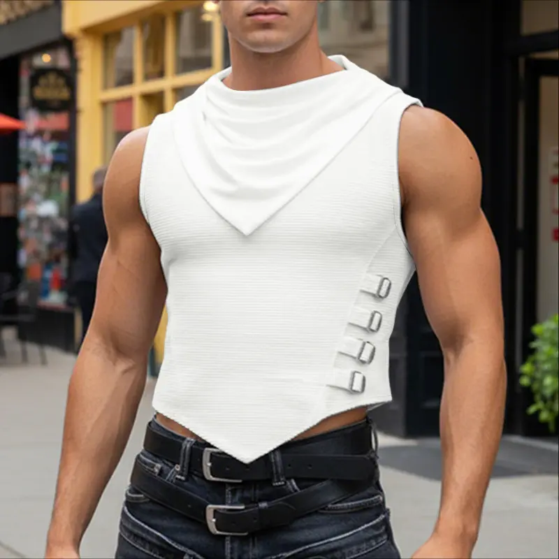 INCERUN Menswear Men's Sleeveless Slim-Fit Cyberpunk Techwear Cowl Neck Vest - Textured Ribbed Fabric, Side Buckle, Irregular Hem for Summer Party Goth Aesthetics