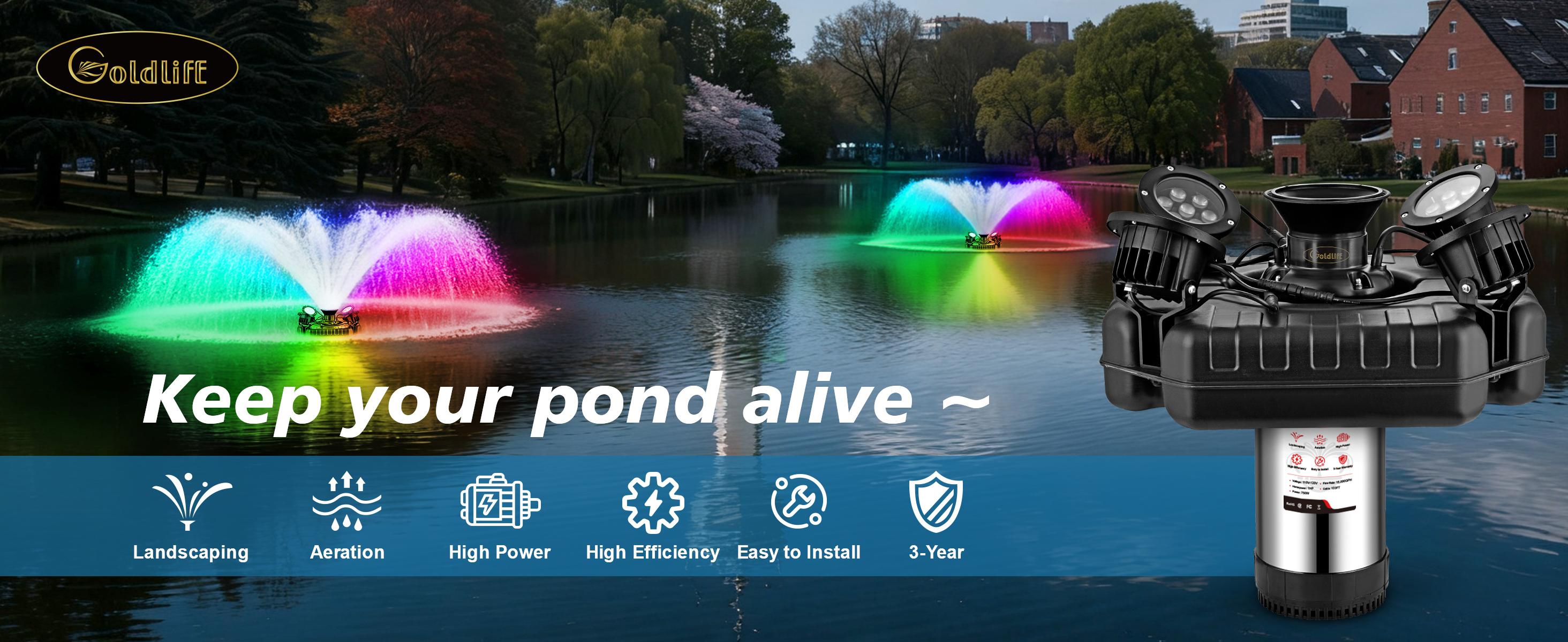 Goldlife Pond Fountain Aerator, F3 With 4 RGB Lights, 1HP 750W 110V Stainless Steel Floating Fountain With 100FT Power Cord, Octagon Aerating Fountain Pump for Small Large Pond Lake Pool Bay Fish farm