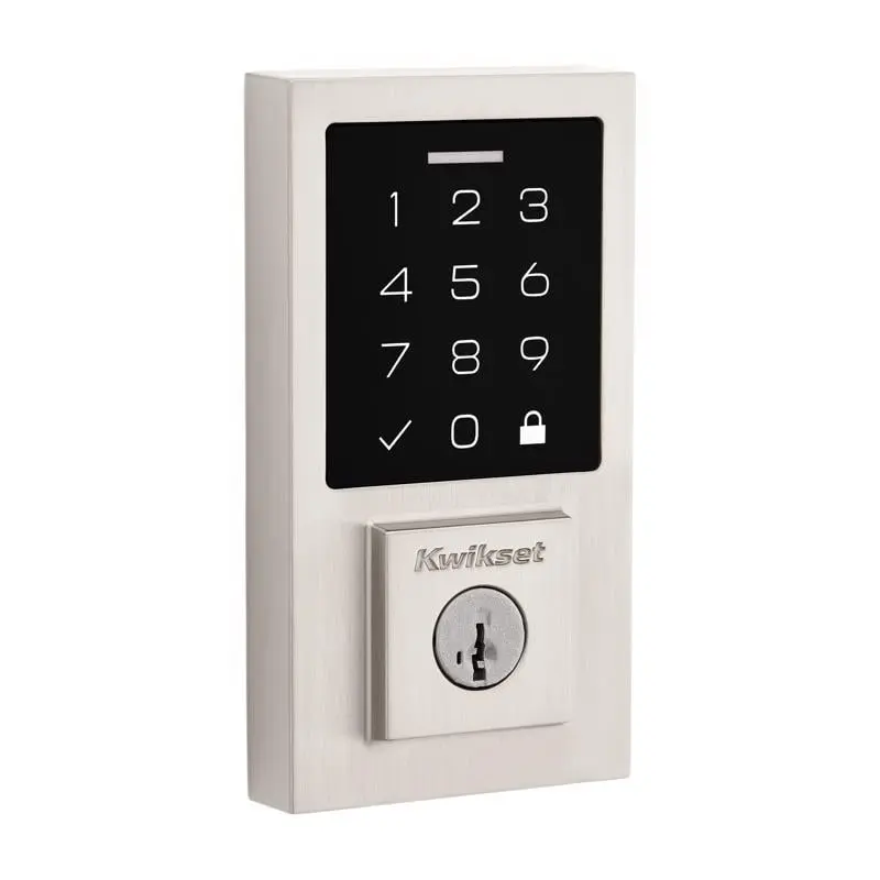 Kwikset 5057274 270 Smart Code Metal Electronic Touch Pad Deadbolt - Satin Nickel, Contemporary Designer Styles, Smart Home Gadgets, Electronic Mechanical Door Locks, 1 in. Length, 2-3/4 in. Width, 1-3/4 in. Max Door Thickness, Touchscreen, One-Touch