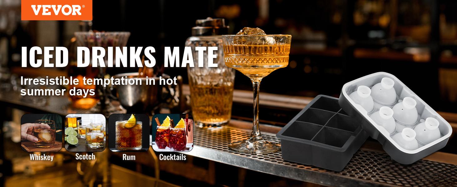 VEVOR Ice Cube Trays (Set of 2), 2-in-1 Combo with Silicone Sphere Ice Ball Maker & Large Square Ice Cube Maker with Lid, Reusable Easy Release BPA Free Ice Tray Set for Whiskey Cocktails Bourbon Kitchen Utensils