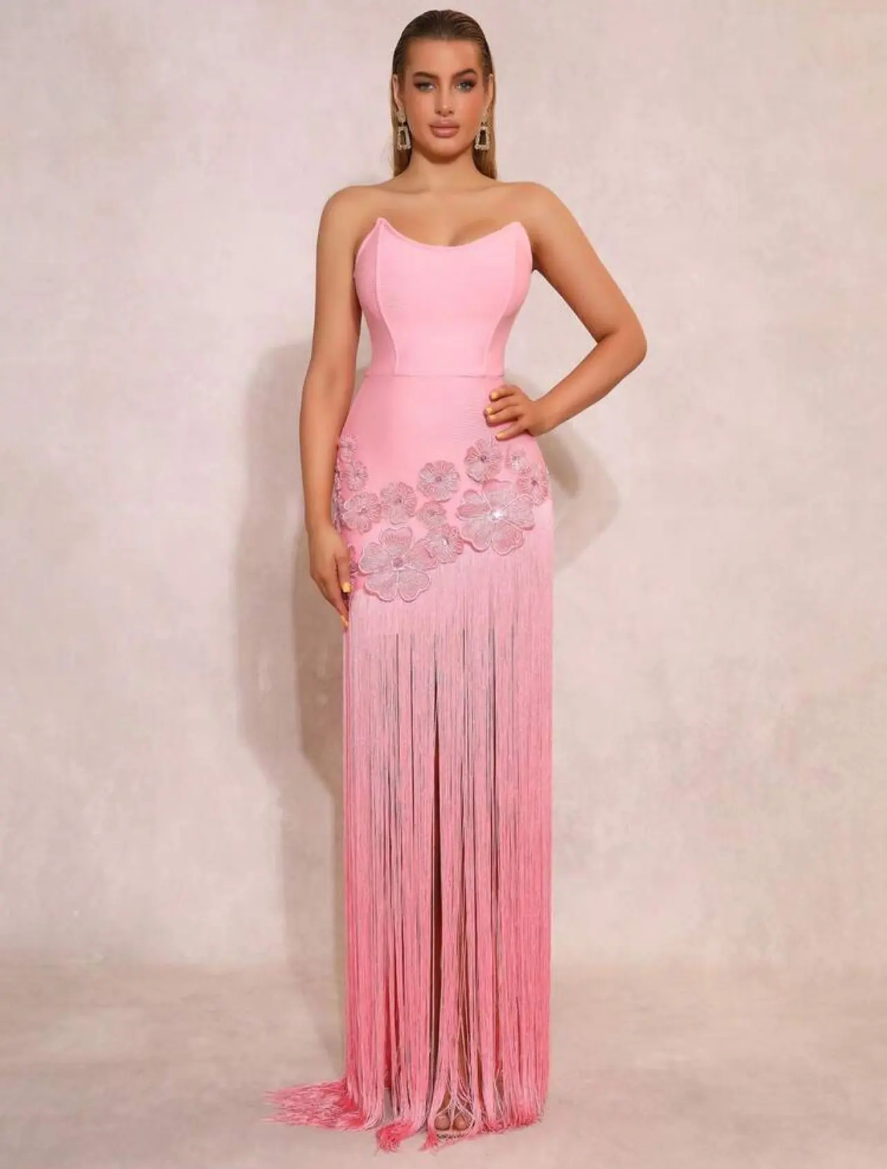 Elegant Pink Fringe Maxi Dress Strapless Floral Embroidery Evening Party Dress for Women - TikTok Shop Elegant Pink Fringe Maxi Dress Strapless Floral Embroidery Evening Party Dress for Women - TikTok Shop