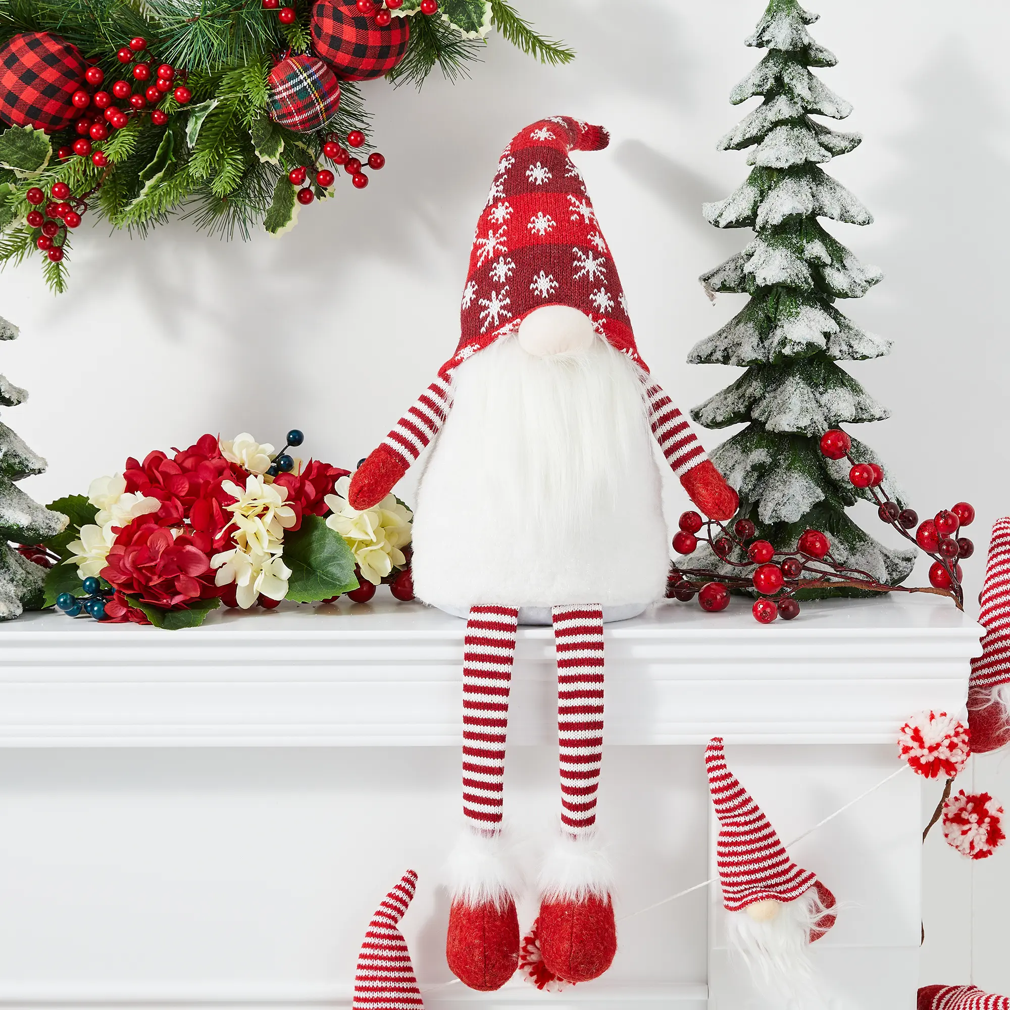 Glitzhome 28 In Modern Fabric Christmas Gnome Shelf Sitter - Fur Hat, Dangling Legs