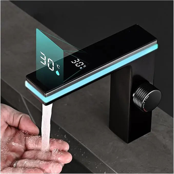 Matte Black/Black Gold Stainless Steel Bathroom Sink Faucet - Digital Temperature Display, LED Ambient Light, Single-Handle 1-Hole Deck-Mounted Vanity Mixer Tap, Battery-Free