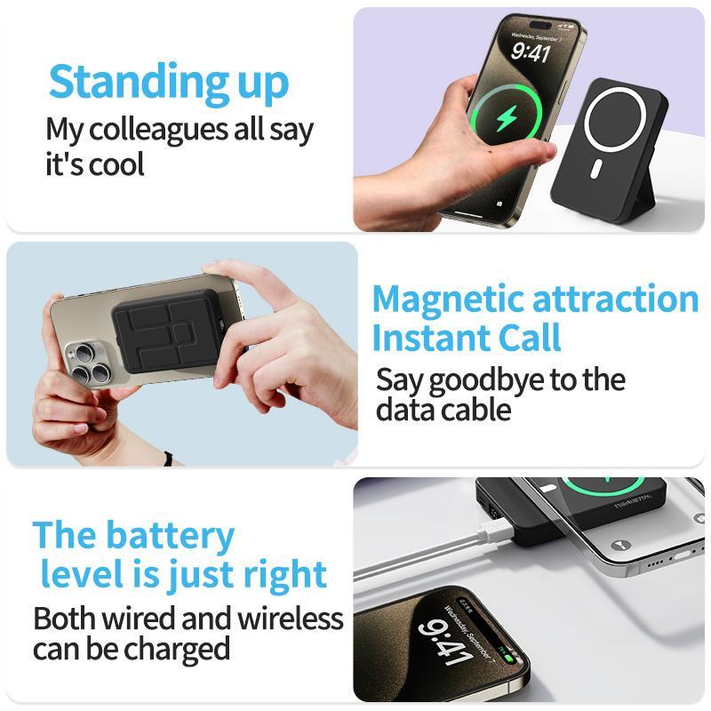 10000mAh Magnetic Wireless Power Bank with Foldable Stand, Hands-Free Watching，Fast Charging, LED Display, for iPhone 17/16/15/14/13/12 Pro/Pro Max