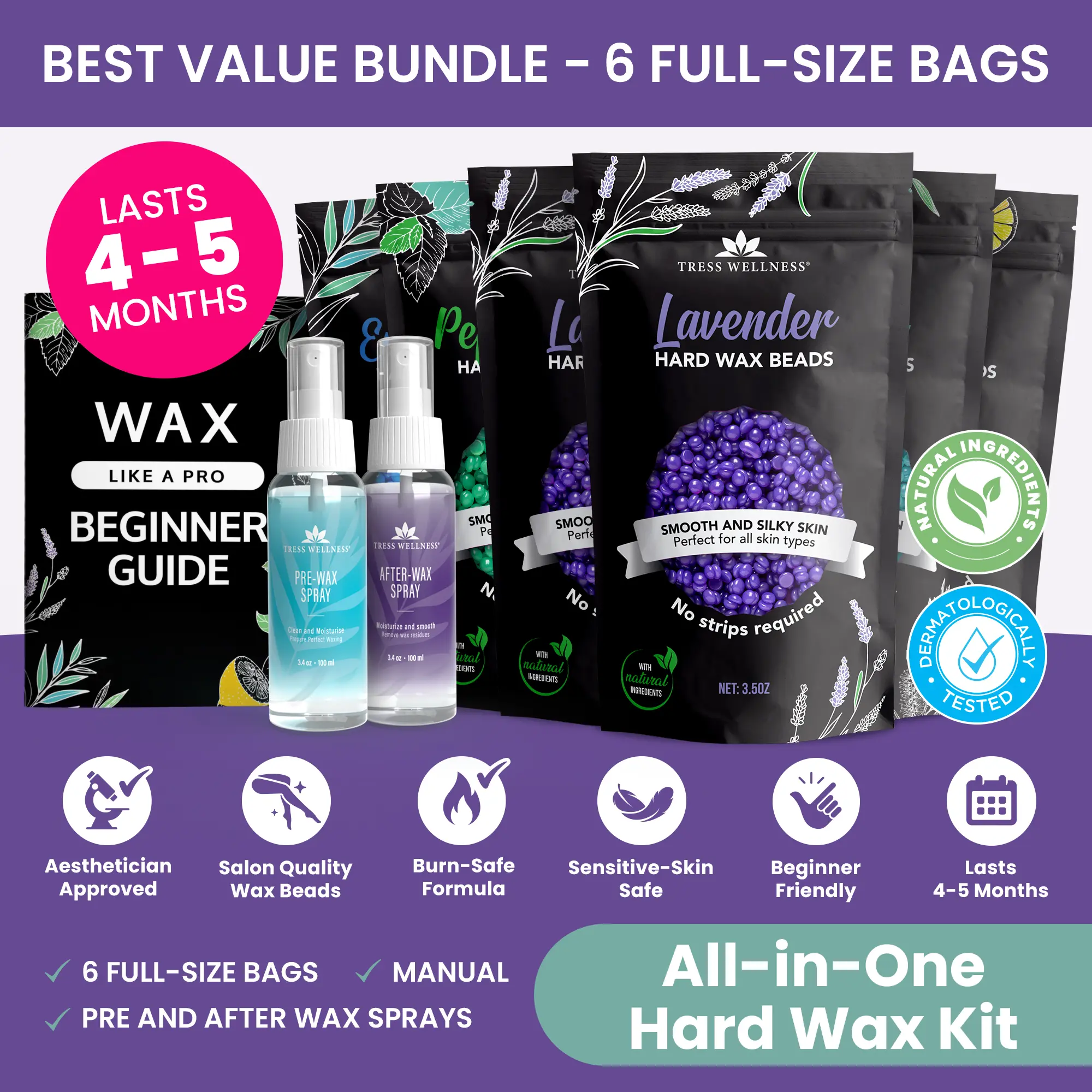 TRESS WELLNESS Hard Wax Beads Kit - 6 Scented Wax Beads Bags for Full Body Waxing with Lavender, Peppermint, Tea Tree & Lemon Scents - 1.3lb Professional Grade Waxing Kit Body Care Aroma