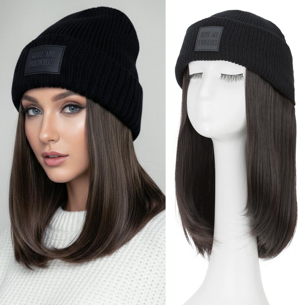 11" Knited Hat Wig Beanie Hat With Long Straight High Temperature Fiber Hair Extensions Knit Rib HatAttached Synthetic Hairpiece Elegant Black Warm Woven Wig Cap For Women Fall And Winter Brown Blonde Balayage