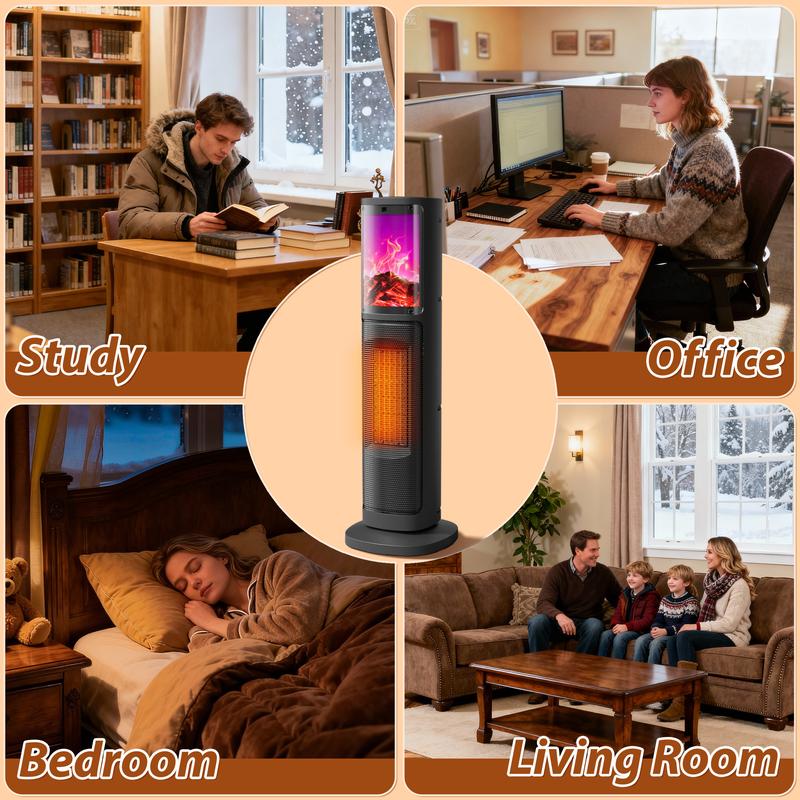 Portable Tower Electric Indoor Fireplace Heater with 3D Realistic Flame, 70° Oscillation for Bedroom, Living Room, Homeowners & Office Workers