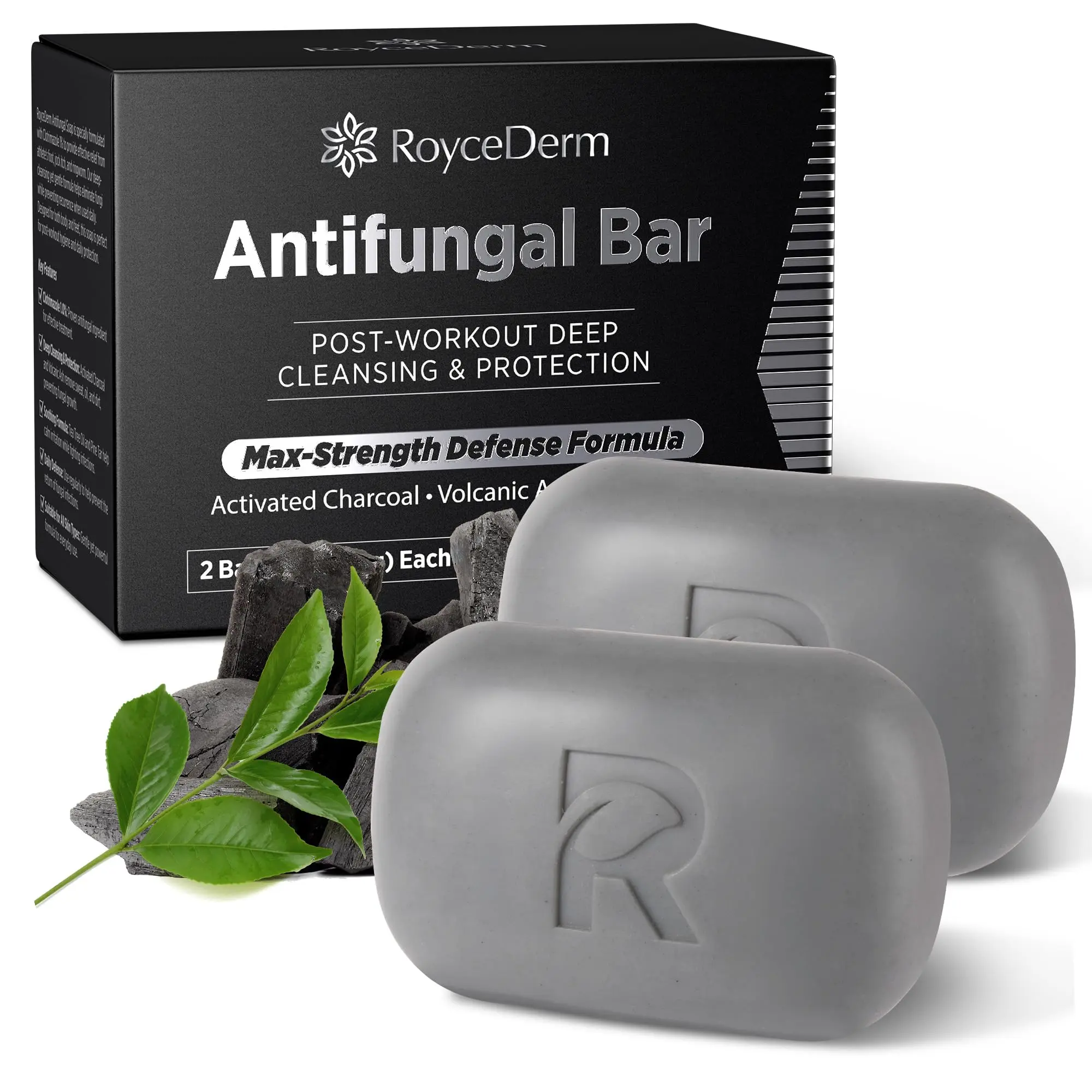 RoyceDerm 200g Antifungal Medicated Bar Soap Pack - All Body Care Cleanser with Tea Tree Oil, Charcoal, Volcanic Ash for Daily Use, Athlete's Foot Treatment