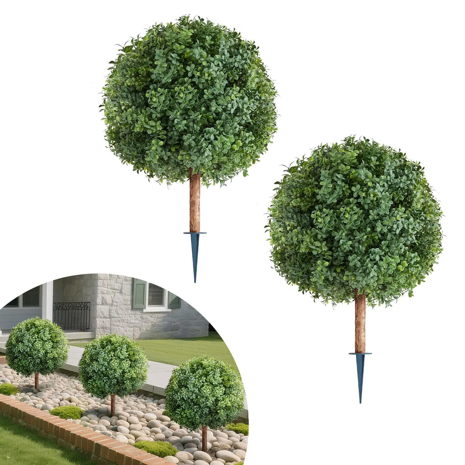 VEVOR 2-Set 27in Decorative Sturdy Long-Lasting Artificial Boxwood Topiary Trees with Ground Spike, Fake Silk Tree Look Faux Shrubs for Front Porch, Balcony, Garden Home Decor#BackToSchool
