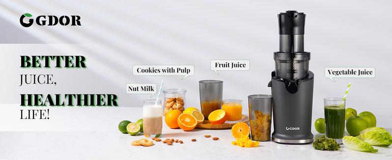 GDOR Cold Press Juicer with 5.3" Wide Feed Chute 150NM Powerful Motor Slow Masticating Extractor High Juice Yield Easy to Clean Fits Whole Fruits & Vegetables Black