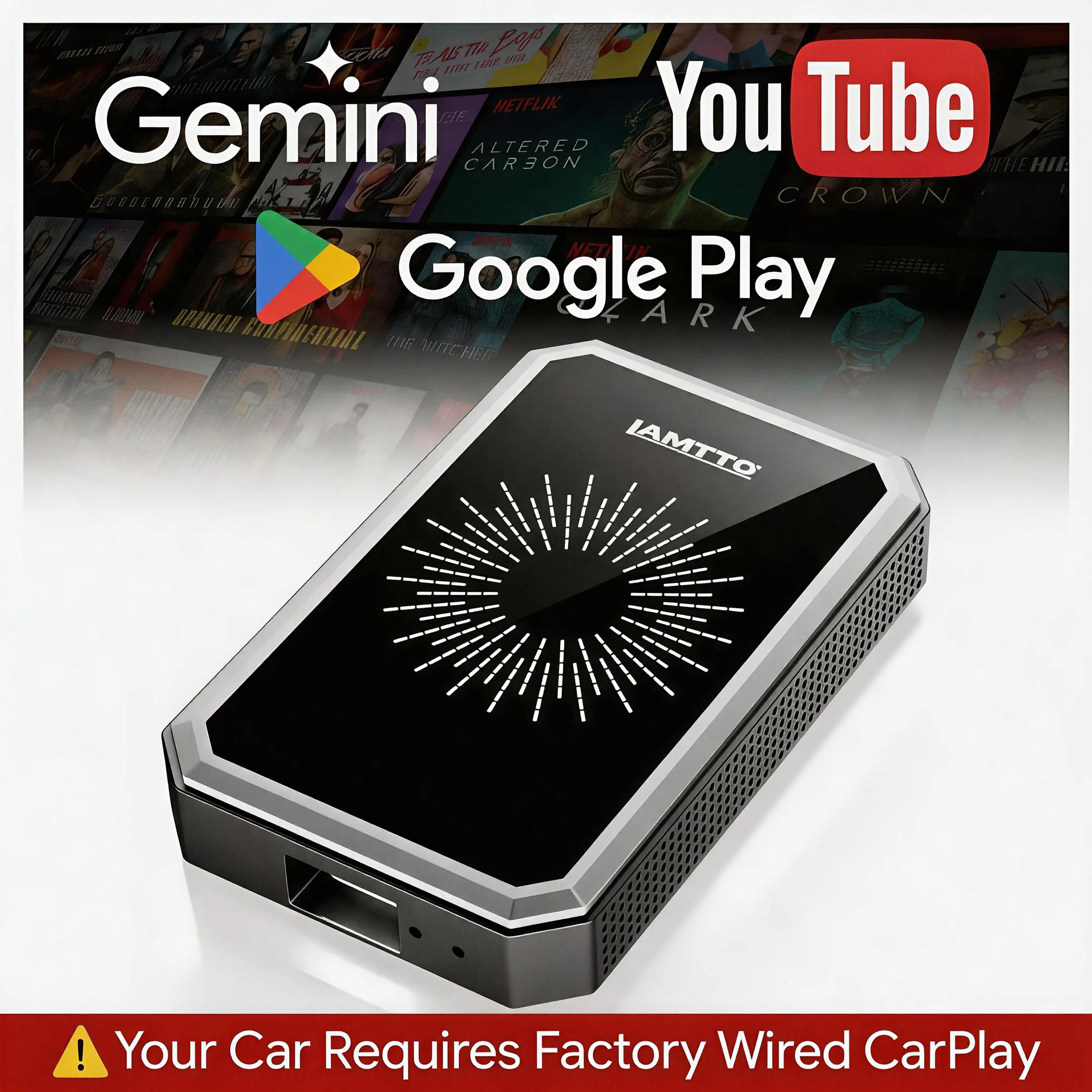 [Only For 2016+ Vehicles] LAMTTO Gemini AI Wireless CarPlay Adapter with Built-in Google Play (Supports Downloading Netflix/YouTube/TikTok), for Vehicles with Factory Wired CarPlay/Android Auto,Android AI Box – Turn Your Car Screen into a Smart Tablet