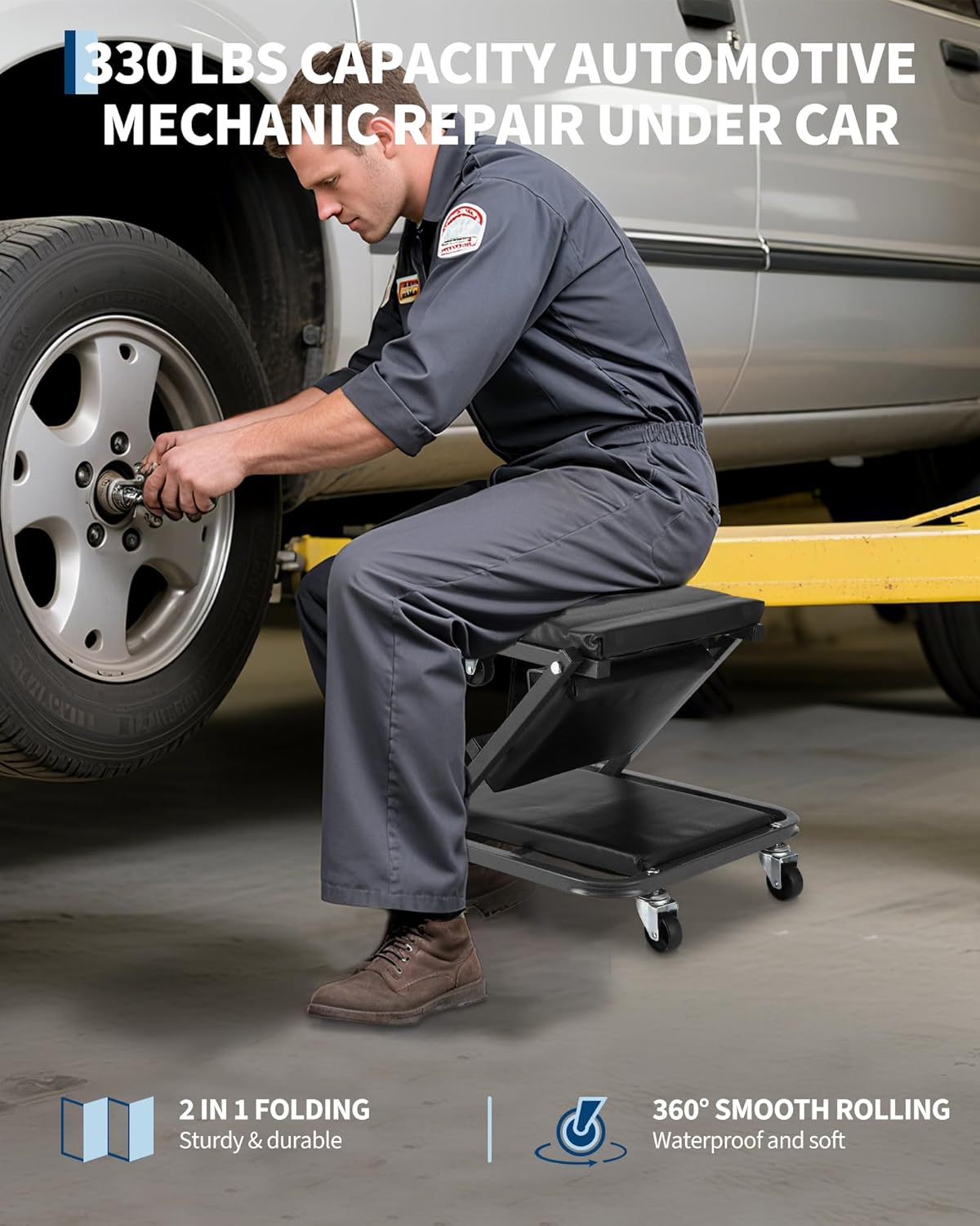 36-inch Z-Creeper Seat with Wheels, 2-in-1 Folding Garage Seat, 330 lb Capacity, Under-Car Automotive Mechanic Repair with 6 Swivel Casters