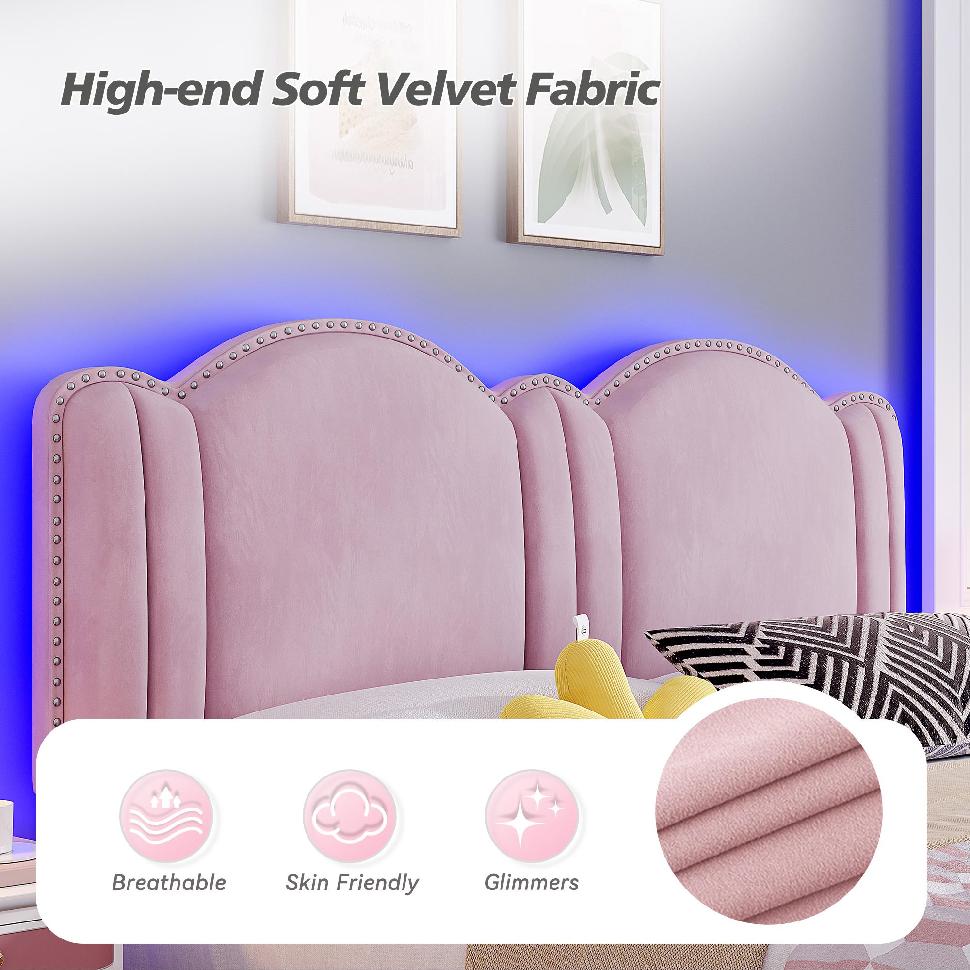 Raybee Furniture Pricess Bed Frame with Led Light, Elegant bed Frame with Headboard Adjustable, Upholstered Bed Frame, No Box Spring Needed