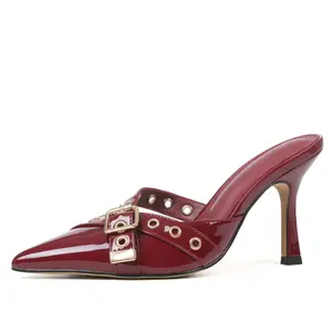 Women's Pointed Closed Toe Kitten Heels Pumps with Buckle Slip On Mules Studded Pointy Stiletto Heels Vintage Style for Party Dresses